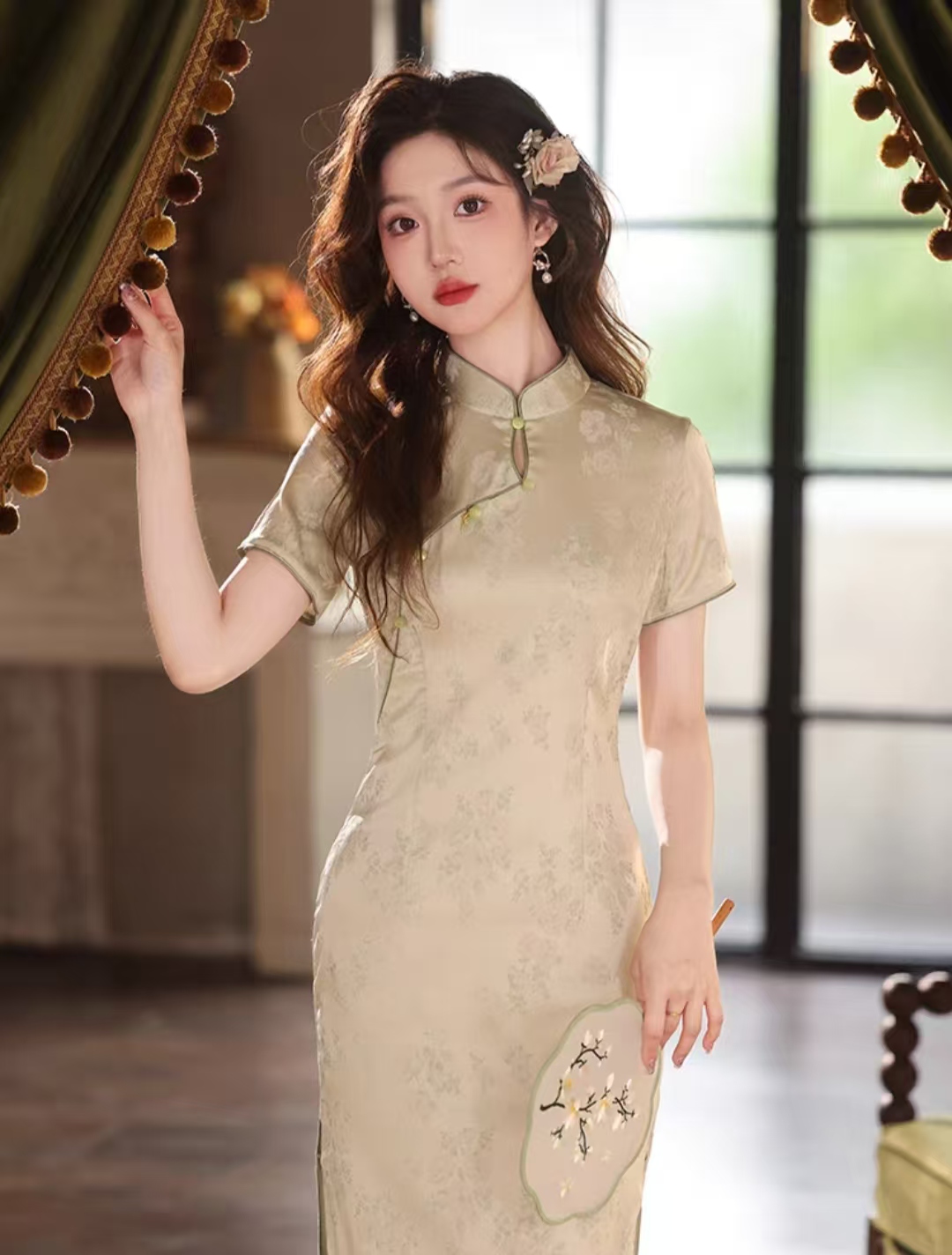 低开衩中长裙花色复古风日常旗袍提花度假风日系