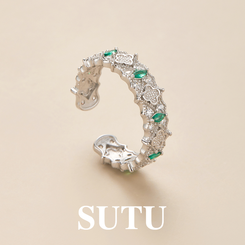 925银合成锆石戒指 四叶草新中式精致小众食指戒轻奢高级指环女