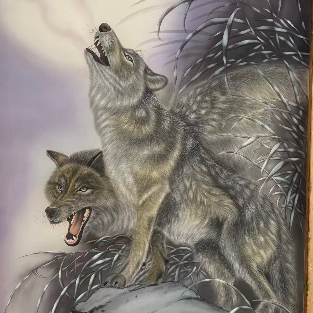 精品 绢本 工笔 狼啸图 手绘国画