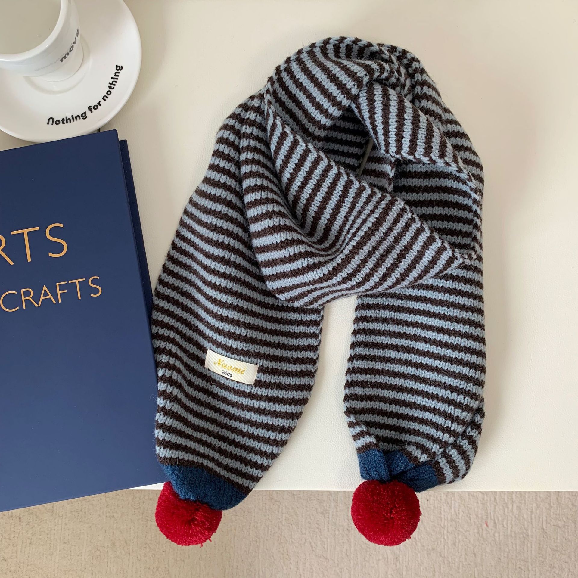 韩系复古条纹拼色秋冬儿童围巾男女宝宝保暖防寒护脖彩色毛球围脖