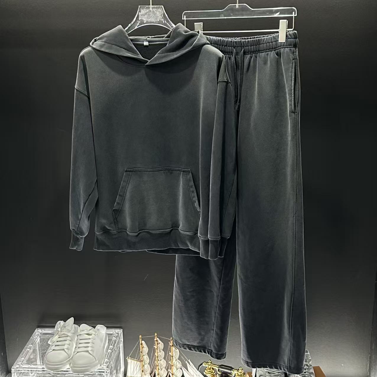扎染渐变水洗做旧男卫衣连帽秋季400g高克重休闲运动套装