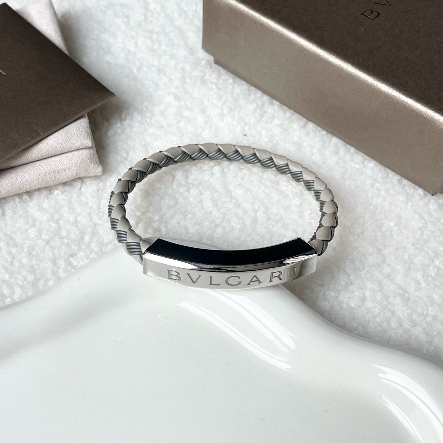 99新 BVLGARI/宝格丽 灰色银手绳盒子尘袋中溯 BJM11-0524