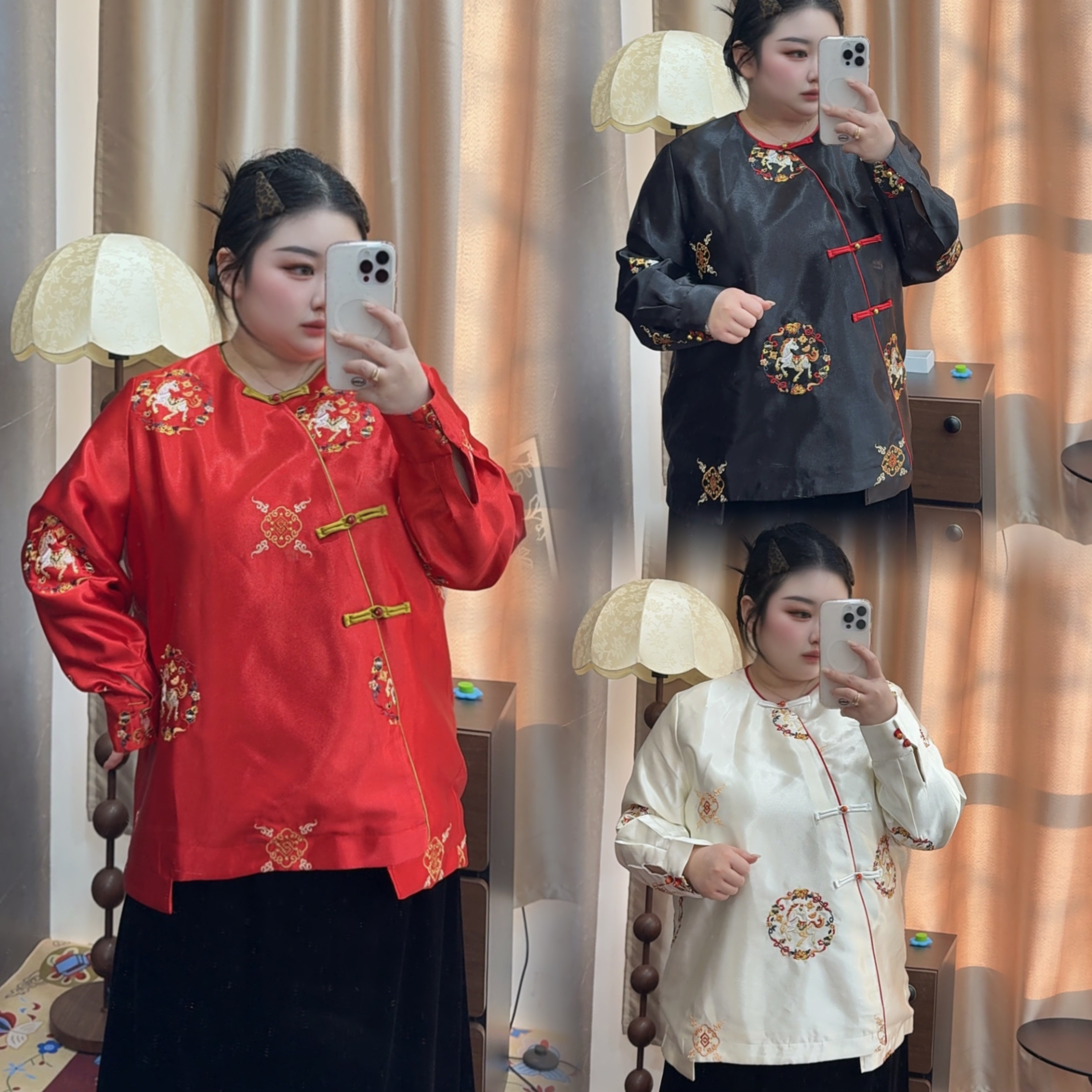 【马年吉祥】新中式醋酸缎面刺绣绣花复古中国风偏襟盘扣打底衫上衣