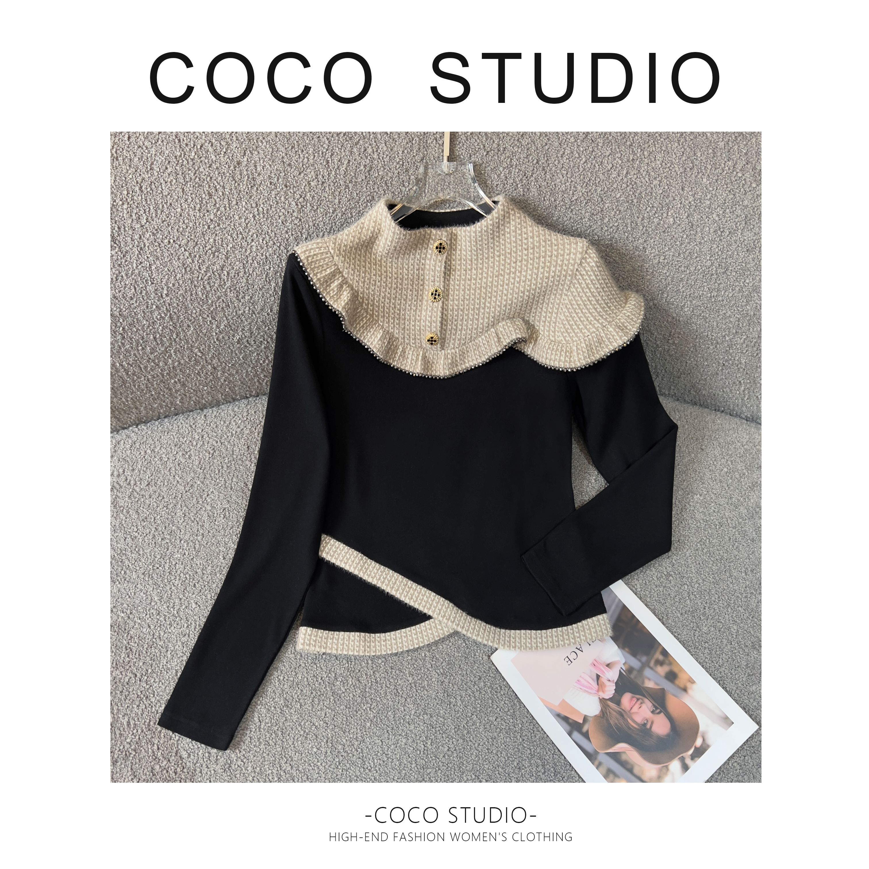 半高领修身型长袖INS风千金风百搭常规款黑色翻领卫衣DDS275