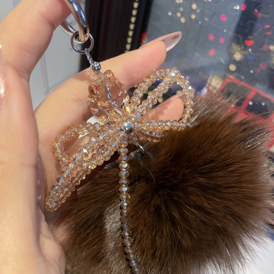 手工毛球水晶蝴蝶结手机挂链钥匙扣包包挂件创意