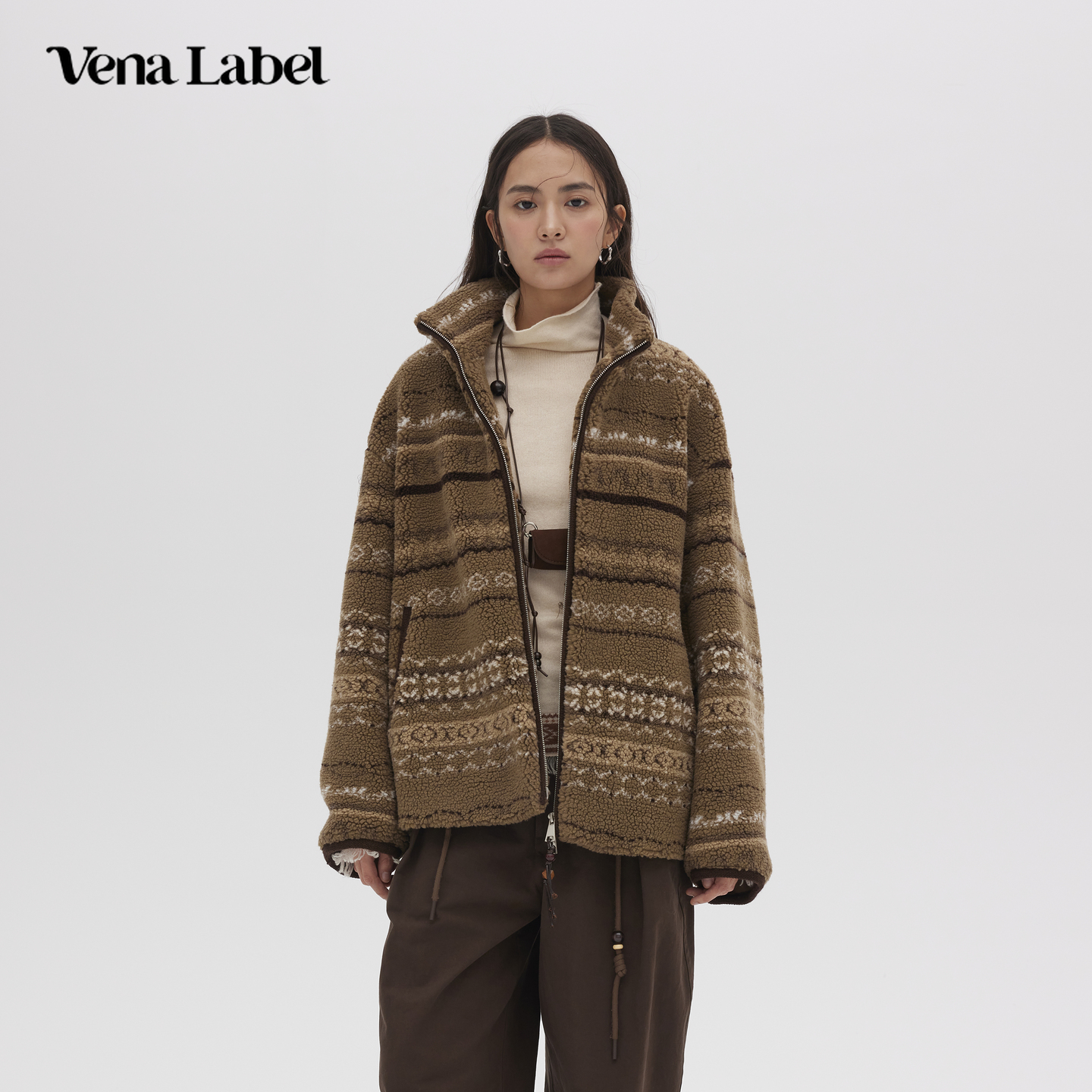 Vena Label复古提花毛绒外套女25FW冬季新款游牧风宽松休闲夹克