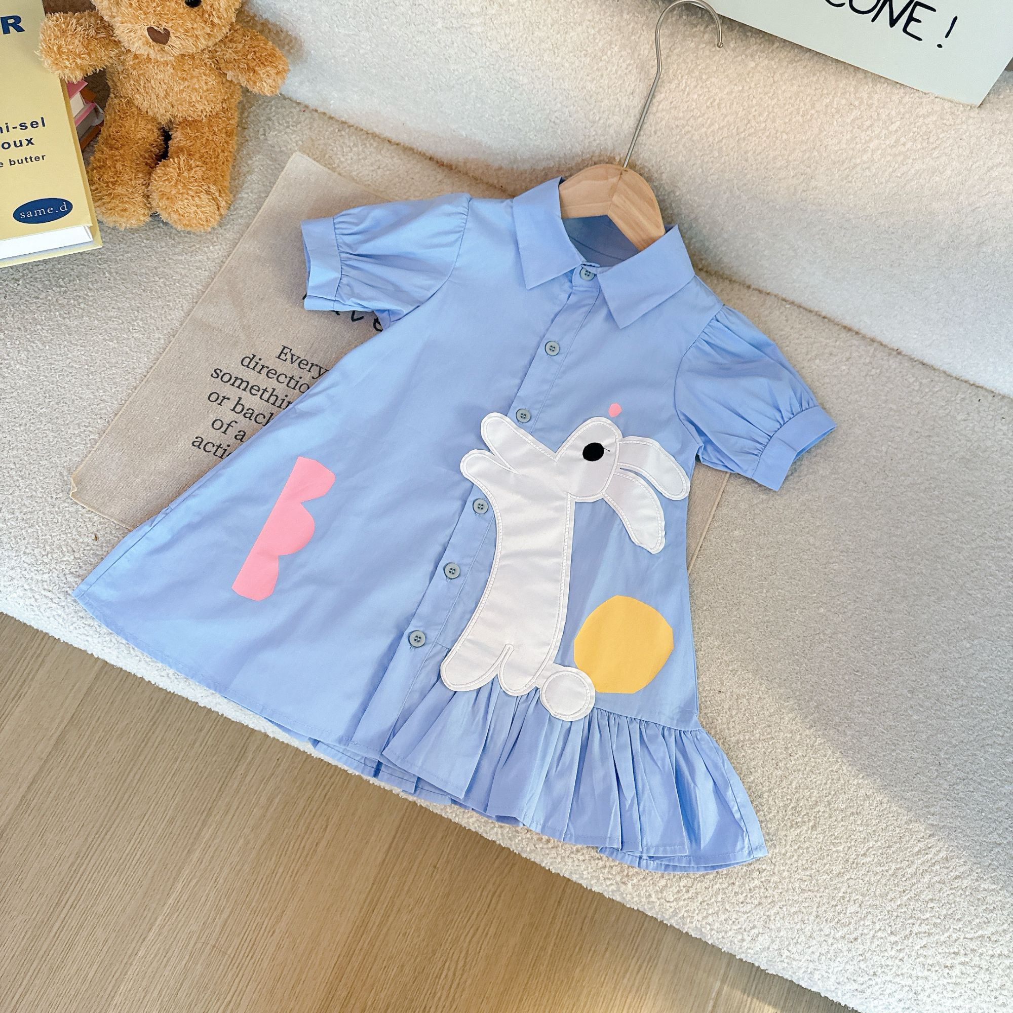 2025夏季新款韩版女童洋气泡泡袖纯棉衬衫裙卡通兔子公主裙5X015