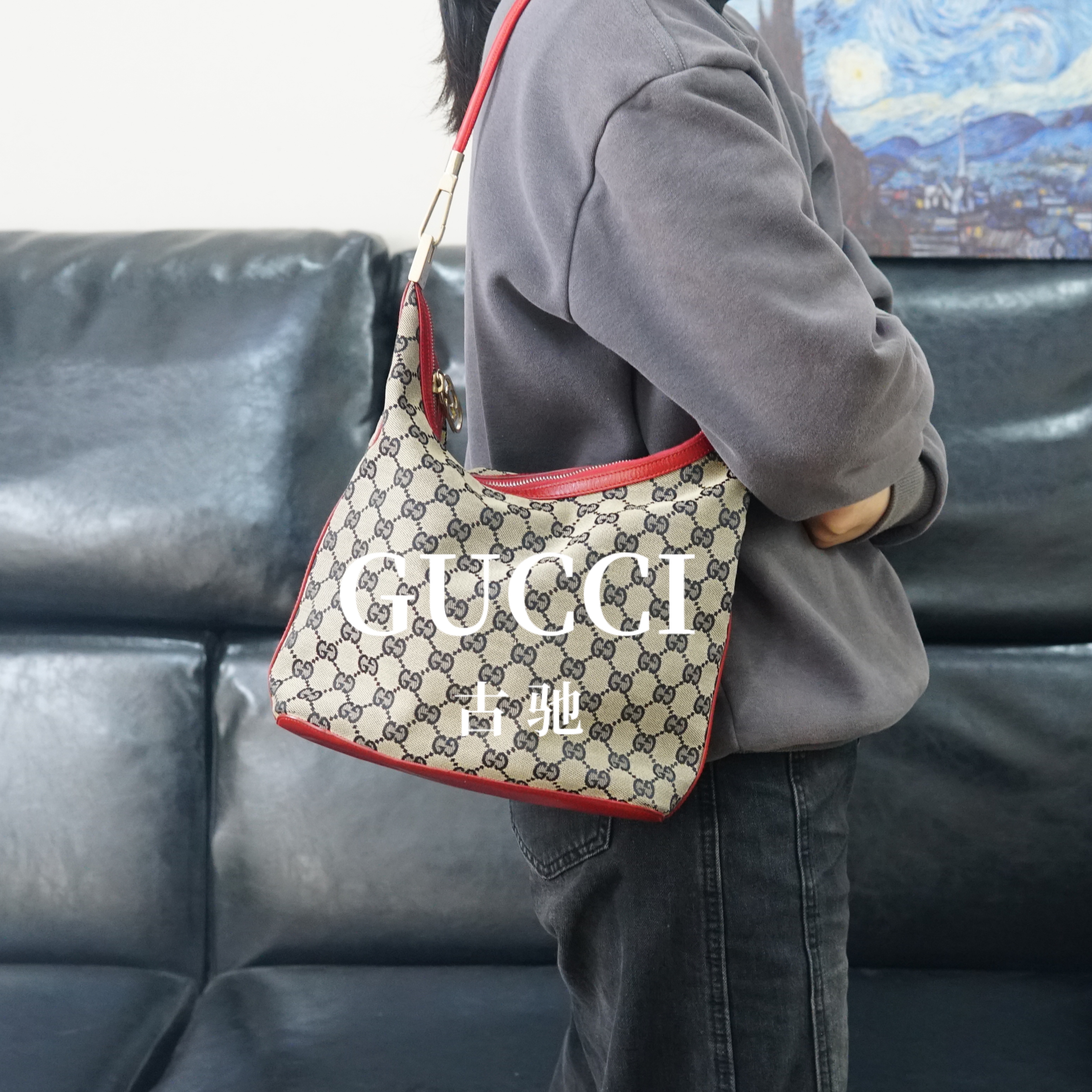 95新 GUCCI/古驰  红皮老花单肩包/JJ01723941/3941