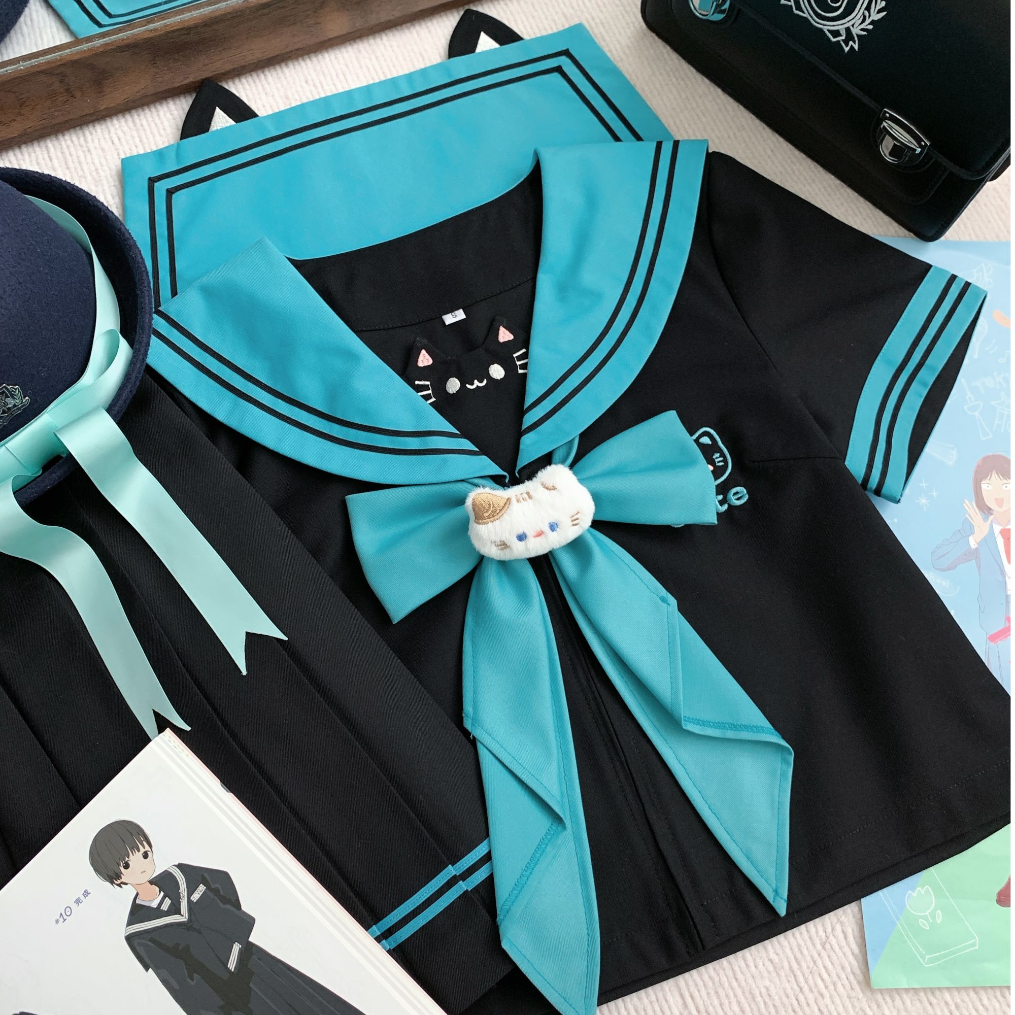 小花猪jk原创初音色甜美可爱水手服黑色女短袖夏服日系百褶裙套装