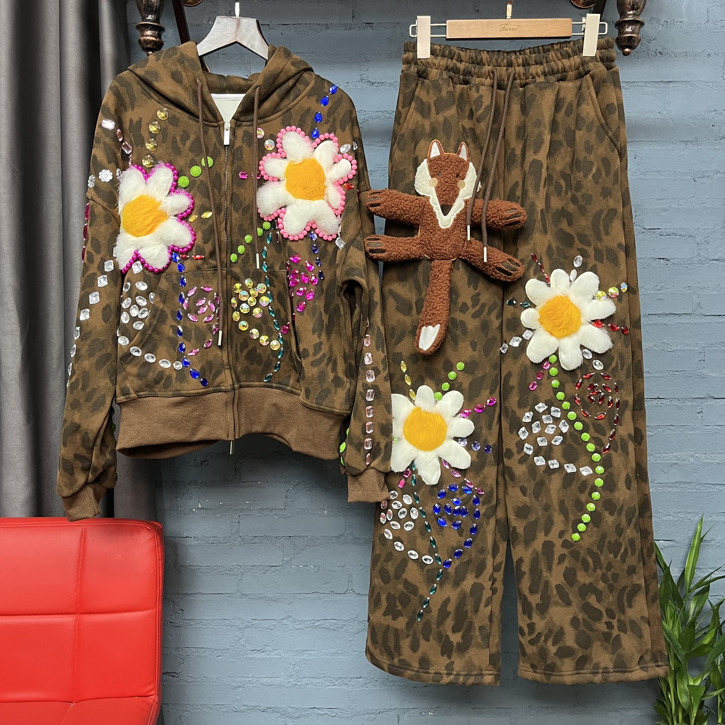 原创“狐狸尼克”美拉德咖色豹纹卫衣套装