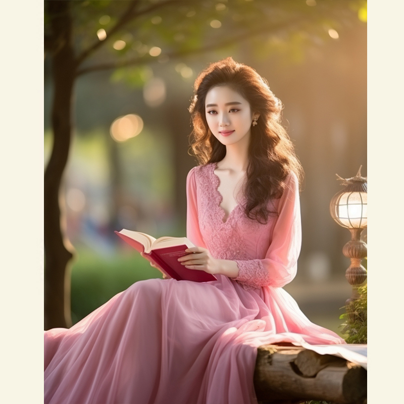 TT7972秋冬打底法式高级感轻奢V领长裙温柔风气质粉色长袖连衣裙