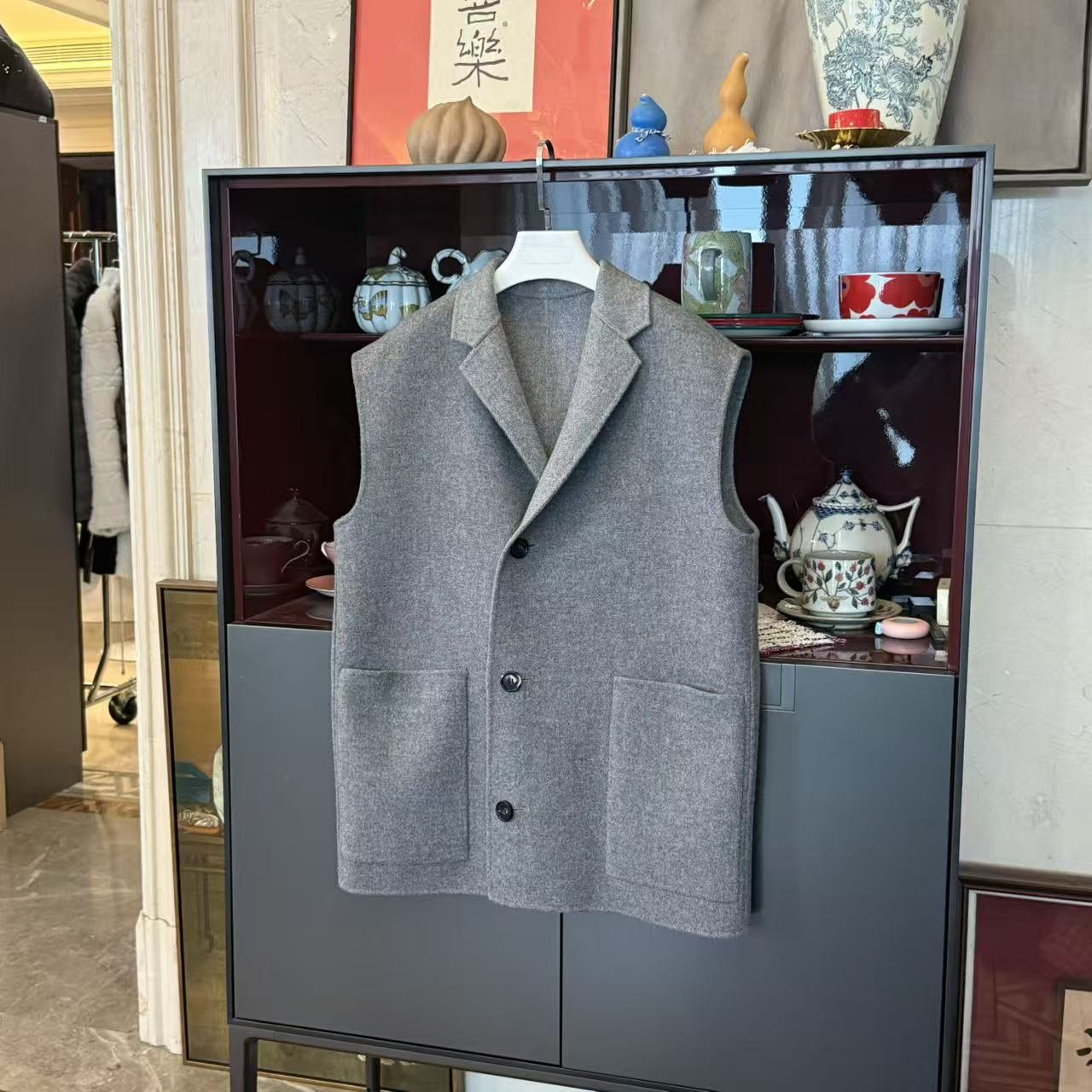 MYL PIEMONTESE 90羊毛混纺花灰双面呢马夹西装领两面穿无袖马甲