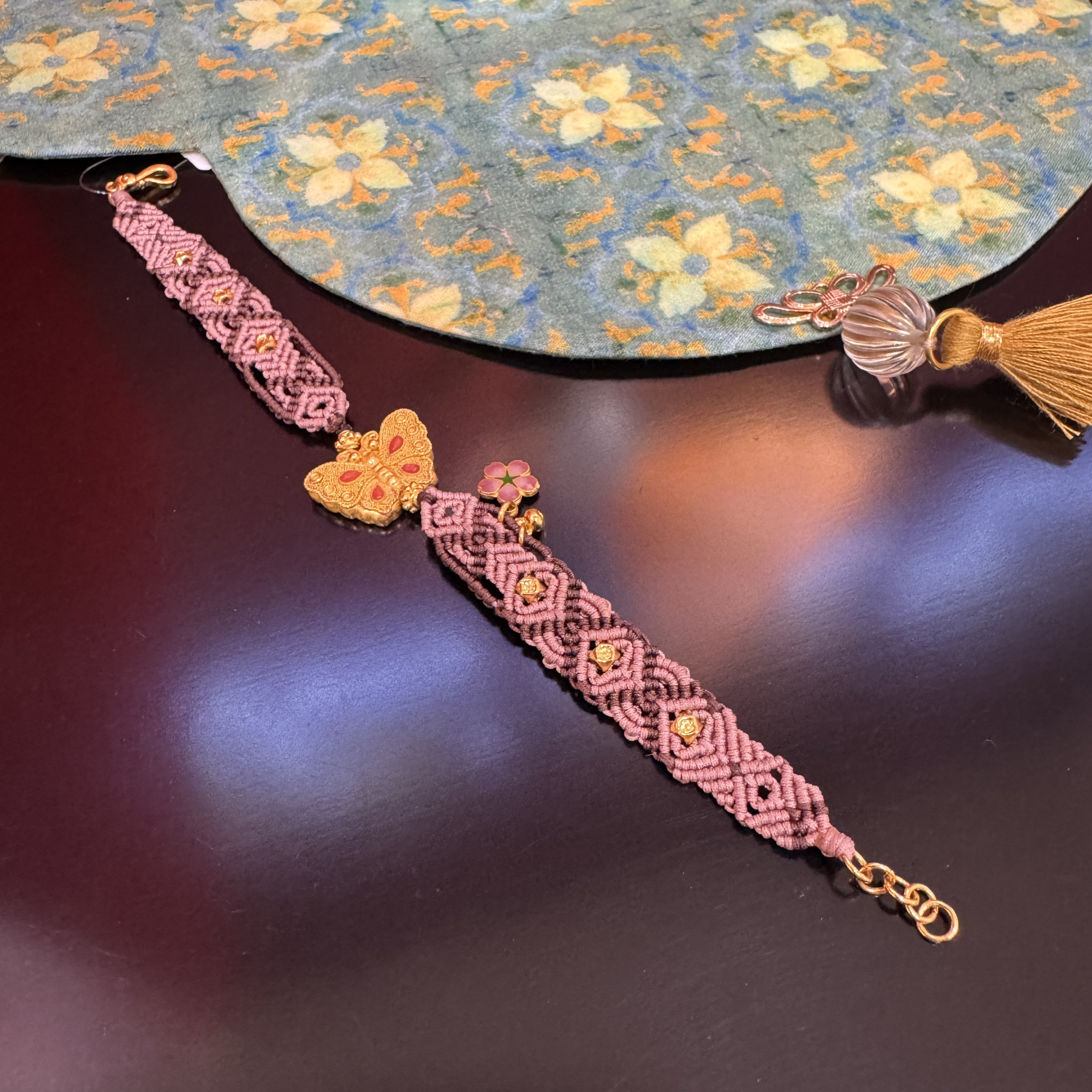 岳福珠宝足金蝴蝶花式编绳手链15.5-17cm