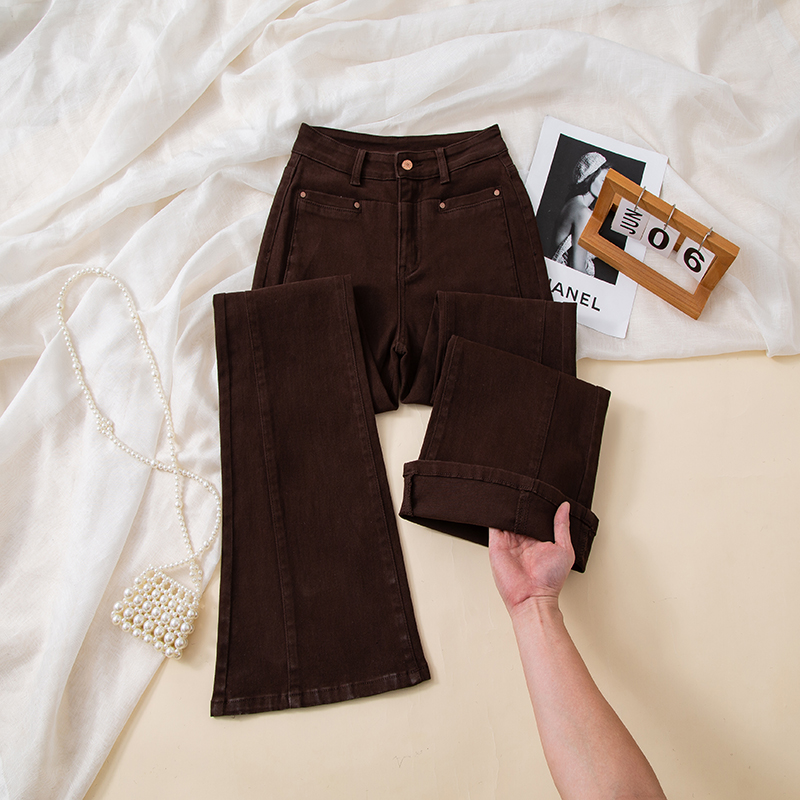 单裤/加绒咖色高腰微喇叭牛仔裤女弹力修身显瘦百搭裤子外穿