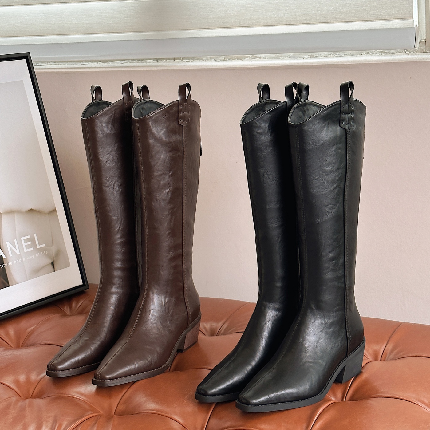 高靴冬季百搭尖头跟鞋气质黑色裸靴时尚高跟靴子女靴单靴真皮细跟