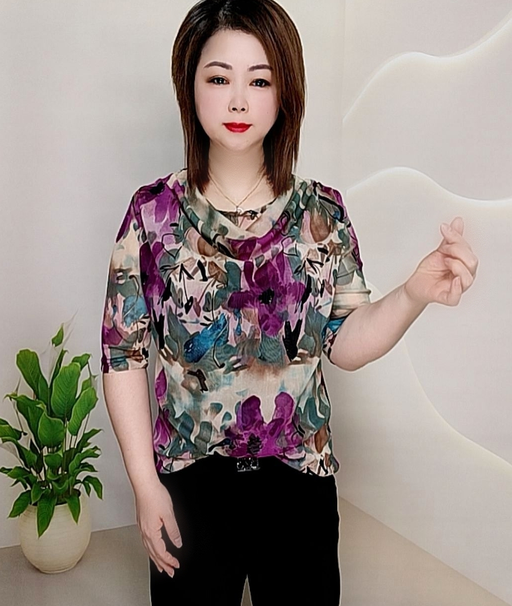时尚洋气百搭网纱堆堆领印花高贵气质减龄T恤修身显瘦中袖上衣女