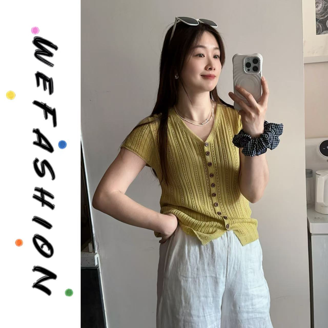 【WE】气质V领单排扣微透冰丝针织开衫