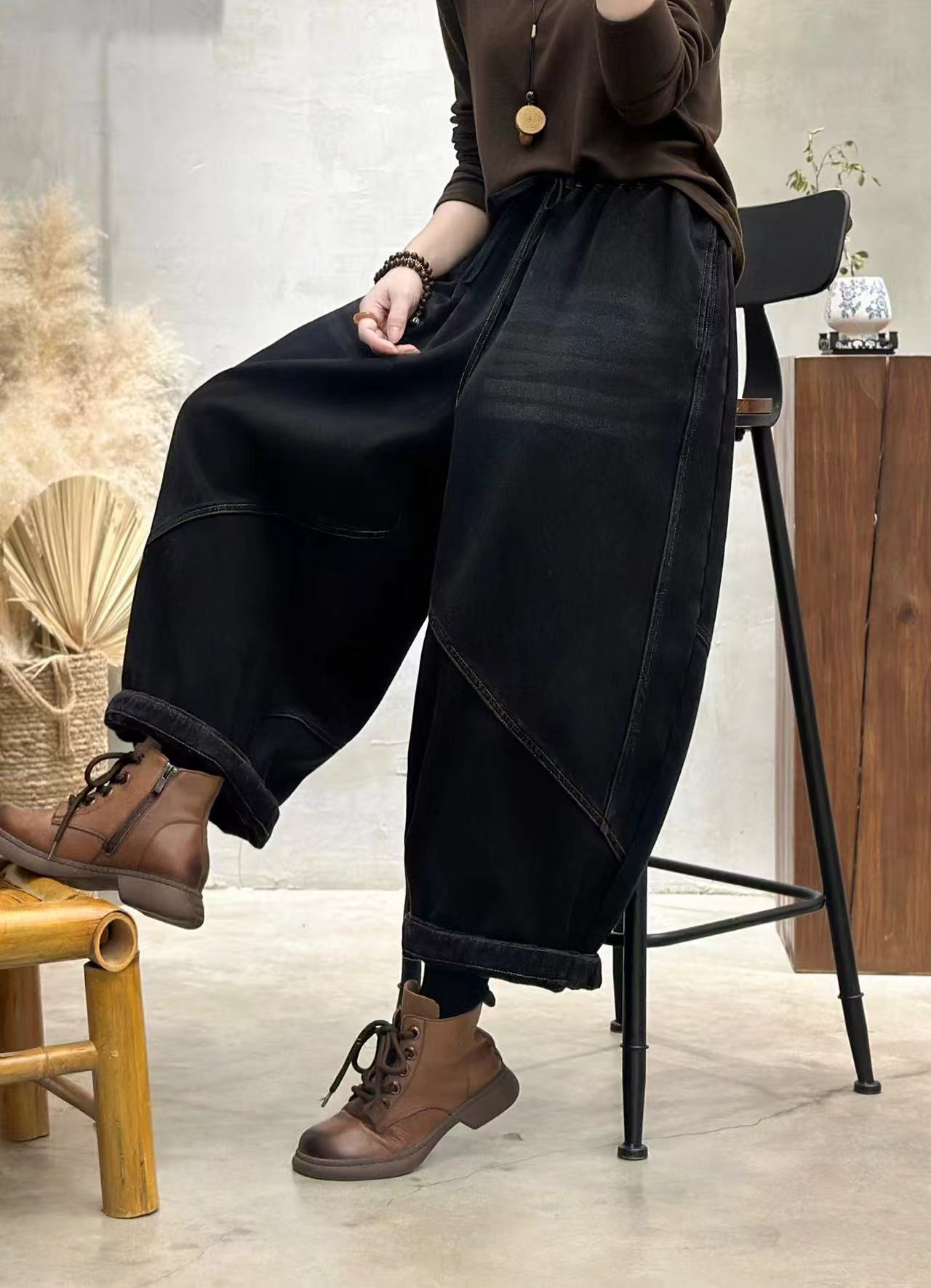 秋冬新款炒色复古水洗百搭休闲宽松加绒牛仔裤(臀围140裤长85)