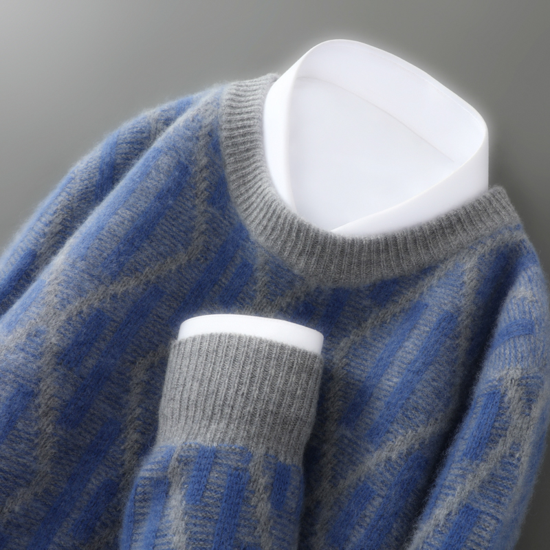 雅致又不失时尚感！新款男士圆领提花拼色套头羊绒衫加厚针织毛衣