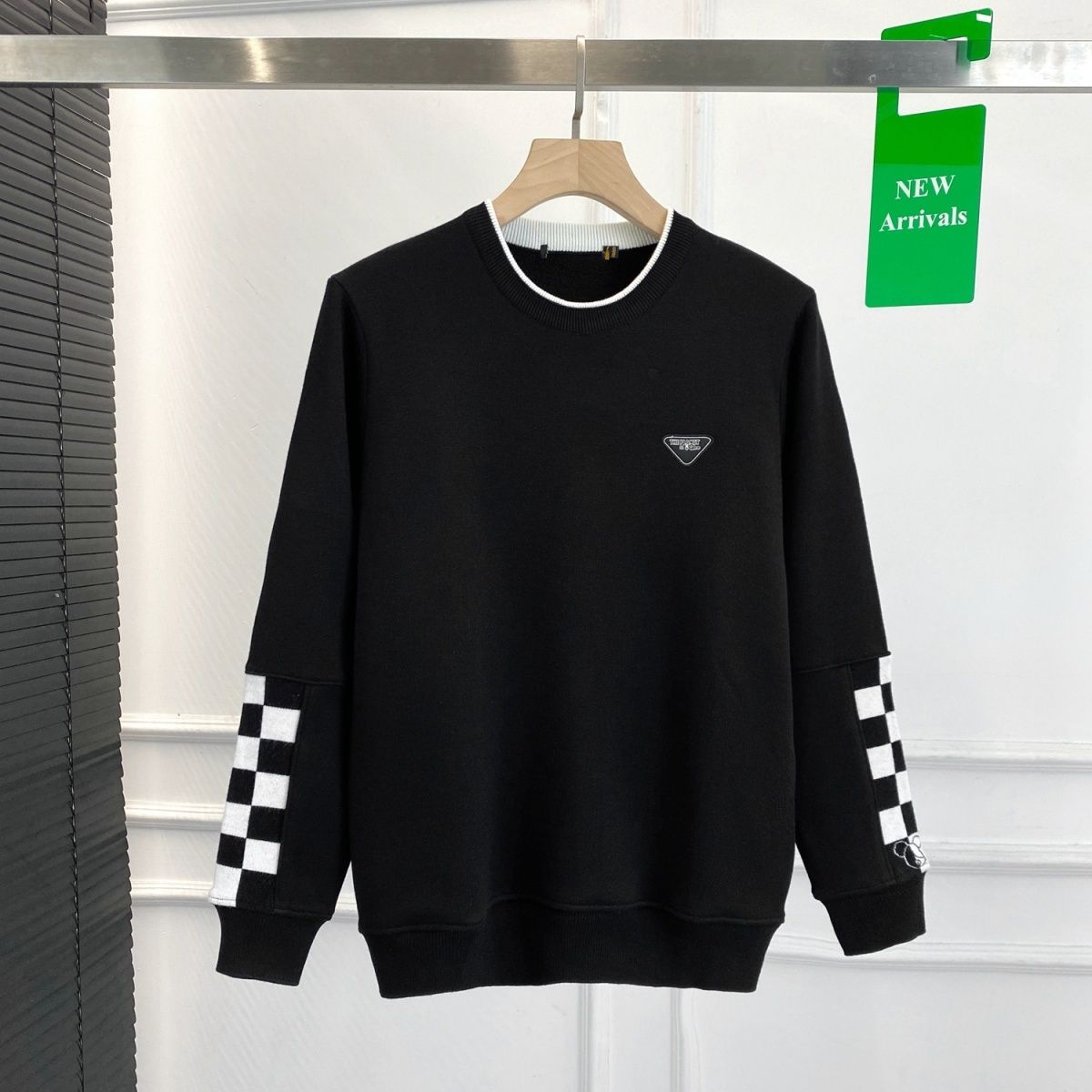 内里薄绒!时尚棋盘格!品牌剪标长袖针织衫男秋冬加绒加厚打底衫