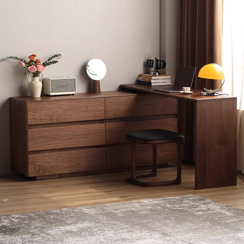 北美黑胡桃木梳妆台斗柜一体卧室床尾收纳柜伸缩转角化妆桌实木