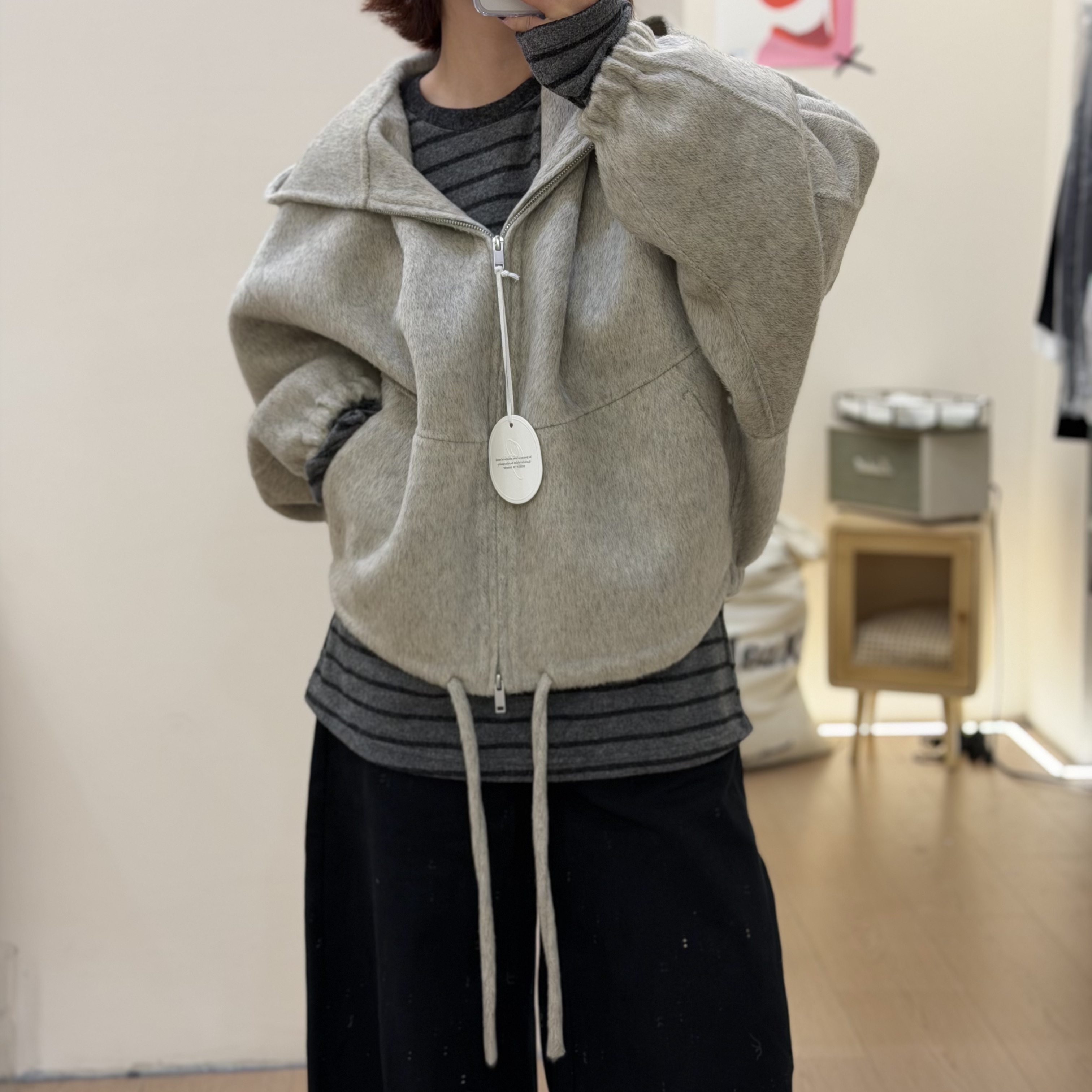 短款连帽羊毛大衣25秋冬宽松纯色韩版毛呢外套女带帽