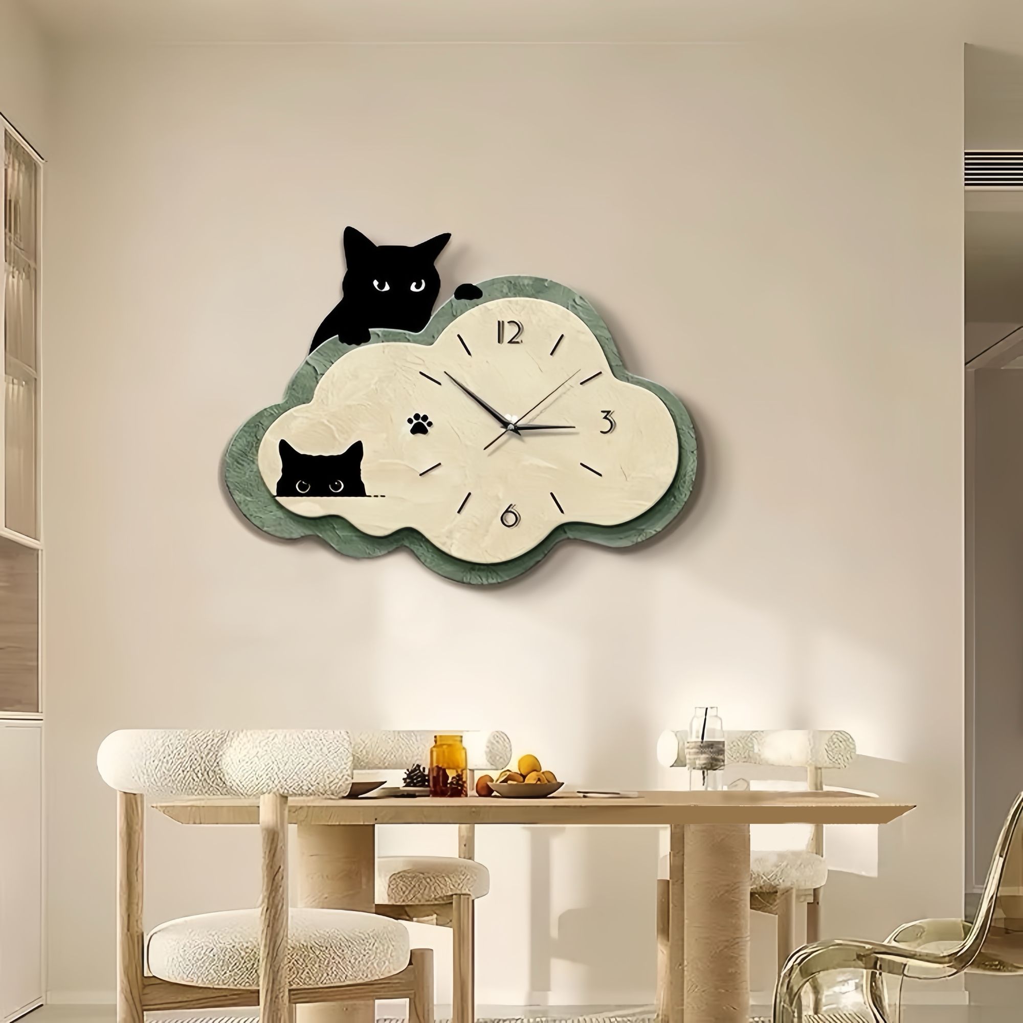 北欧风客厅钟表装饰画创意猫咪餐厅时钟壁画网红房间布置用品q37