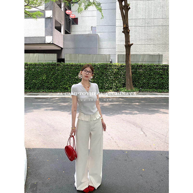 LUU桃喜儿/云朵褶边休闲裤女春夏设计感白色小众拖地阔腿弯刀裤