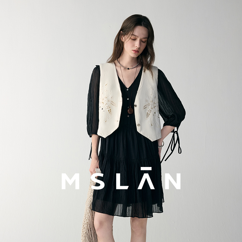 MSLAN|商场同款小香风时尚新款气质V领绣花微镂空马甲女MGCW0051