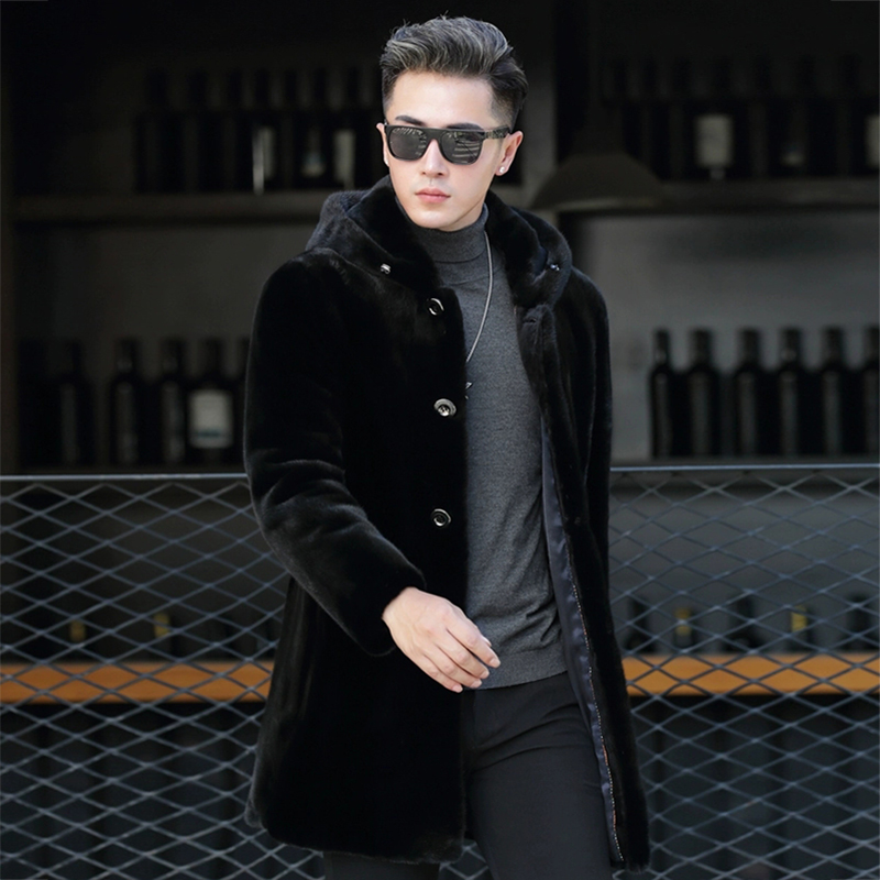 宝嘉美扣子连帽—水貂男装大衣整貂中长款外套男款连帽