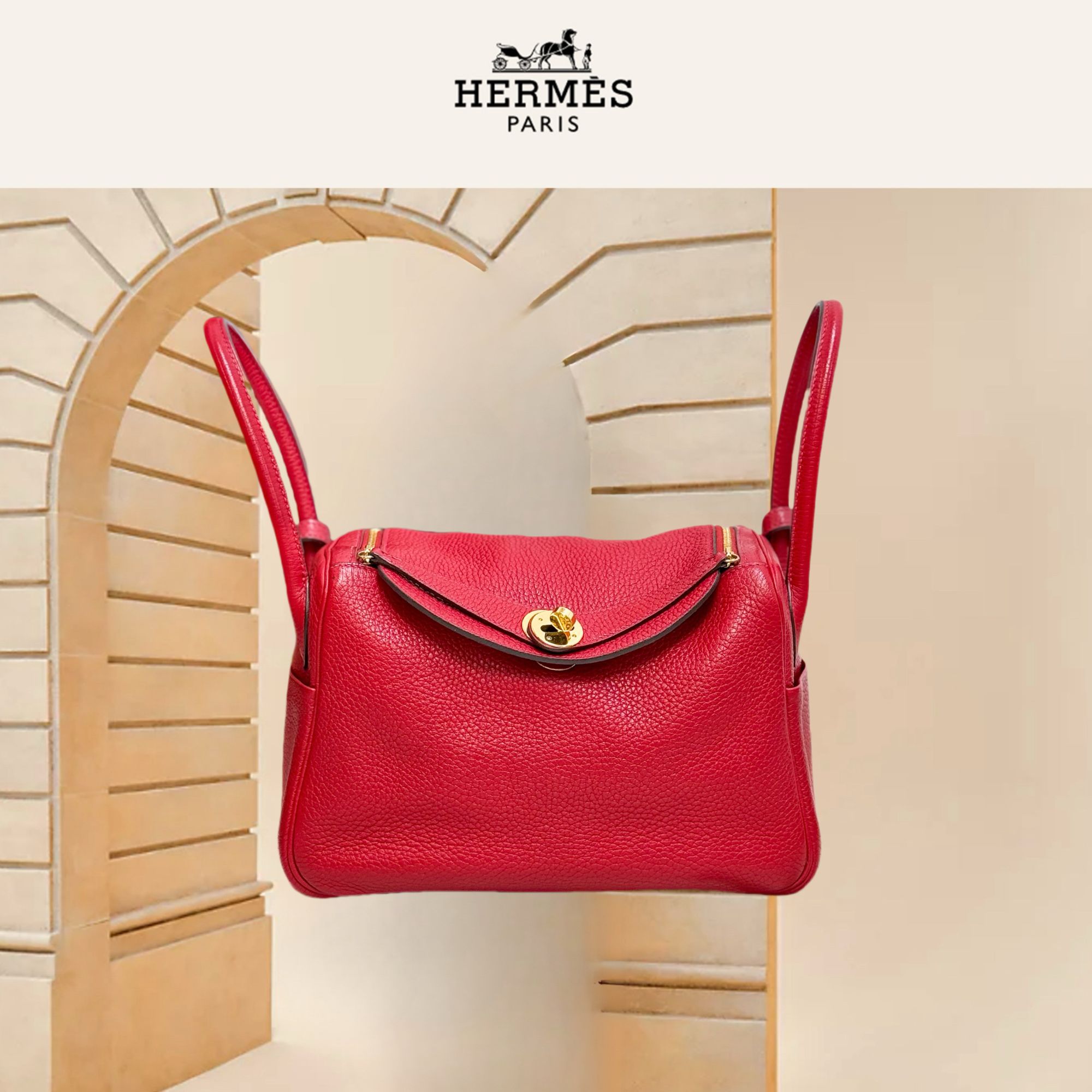 99新 Hermes/爱马仕 lindy26 国旗红 金扣 TC皮 A刻