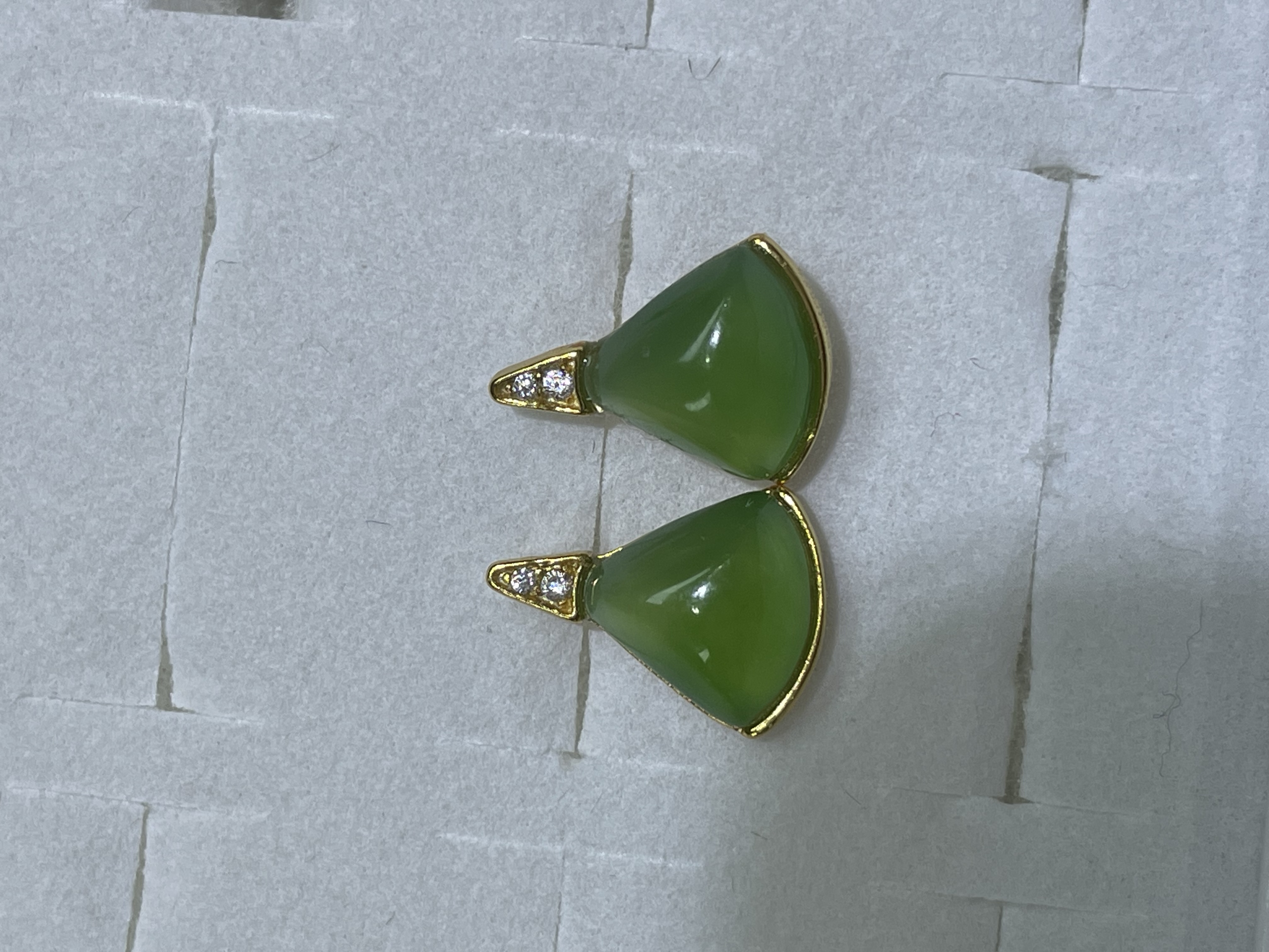 和田玉碧玉满绿扇形925银镶嵌耳钉耳饰设计款