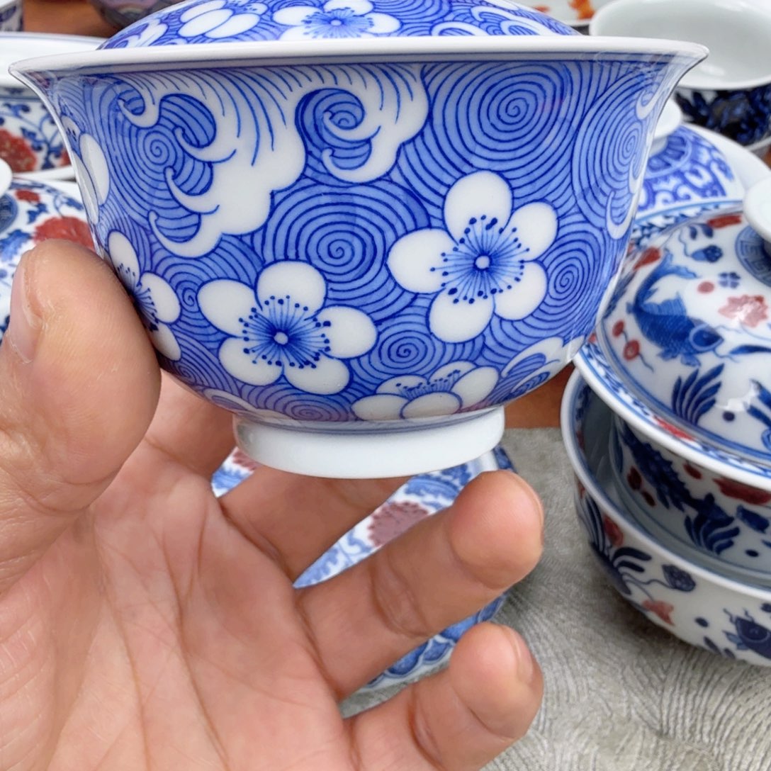 陶摆件瑕疵青花福利盖碗