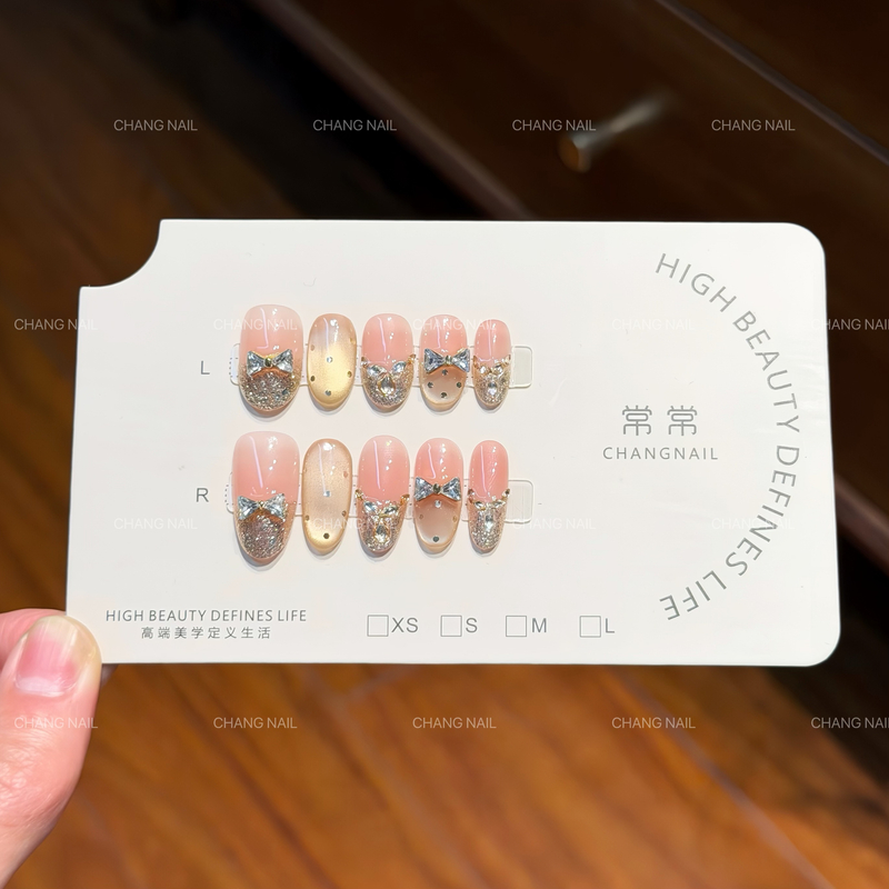 弱水三千-Weak Water-纯手工穿戴甲金色猫眼超闪蝴蝶结 10片装