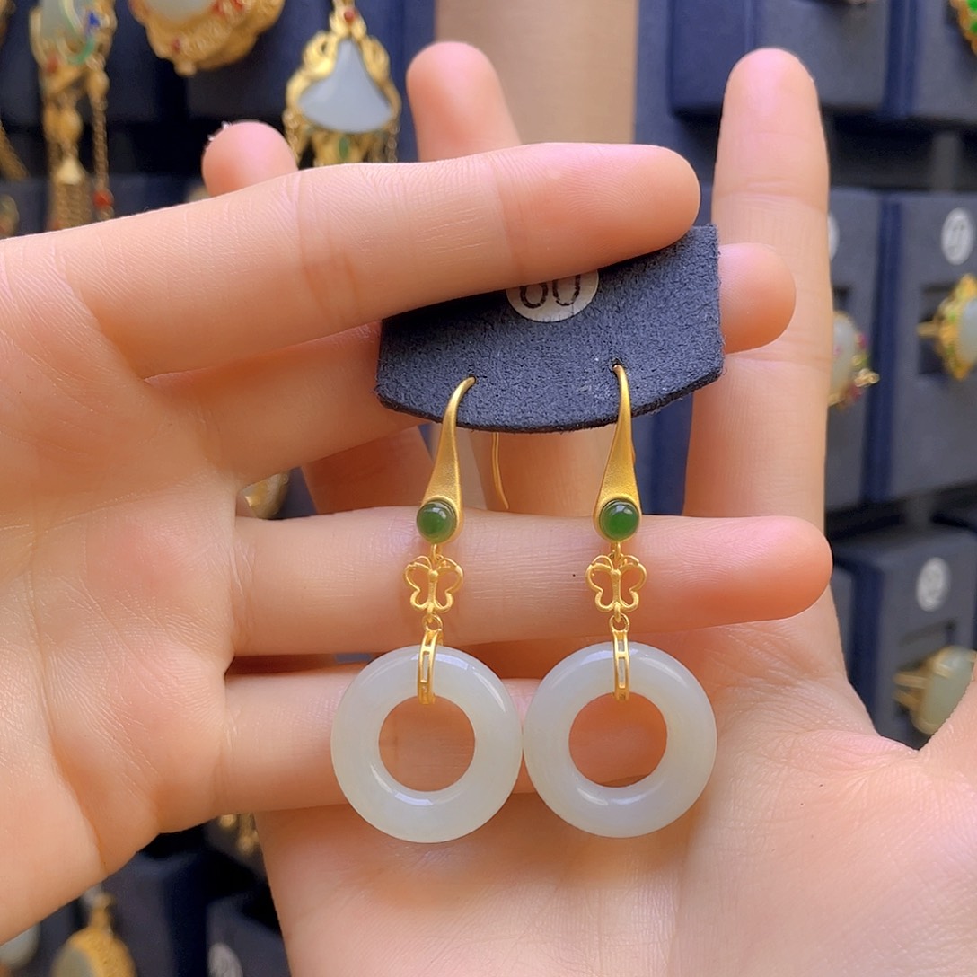 和田玉耳饰银S925镀金镶嵌