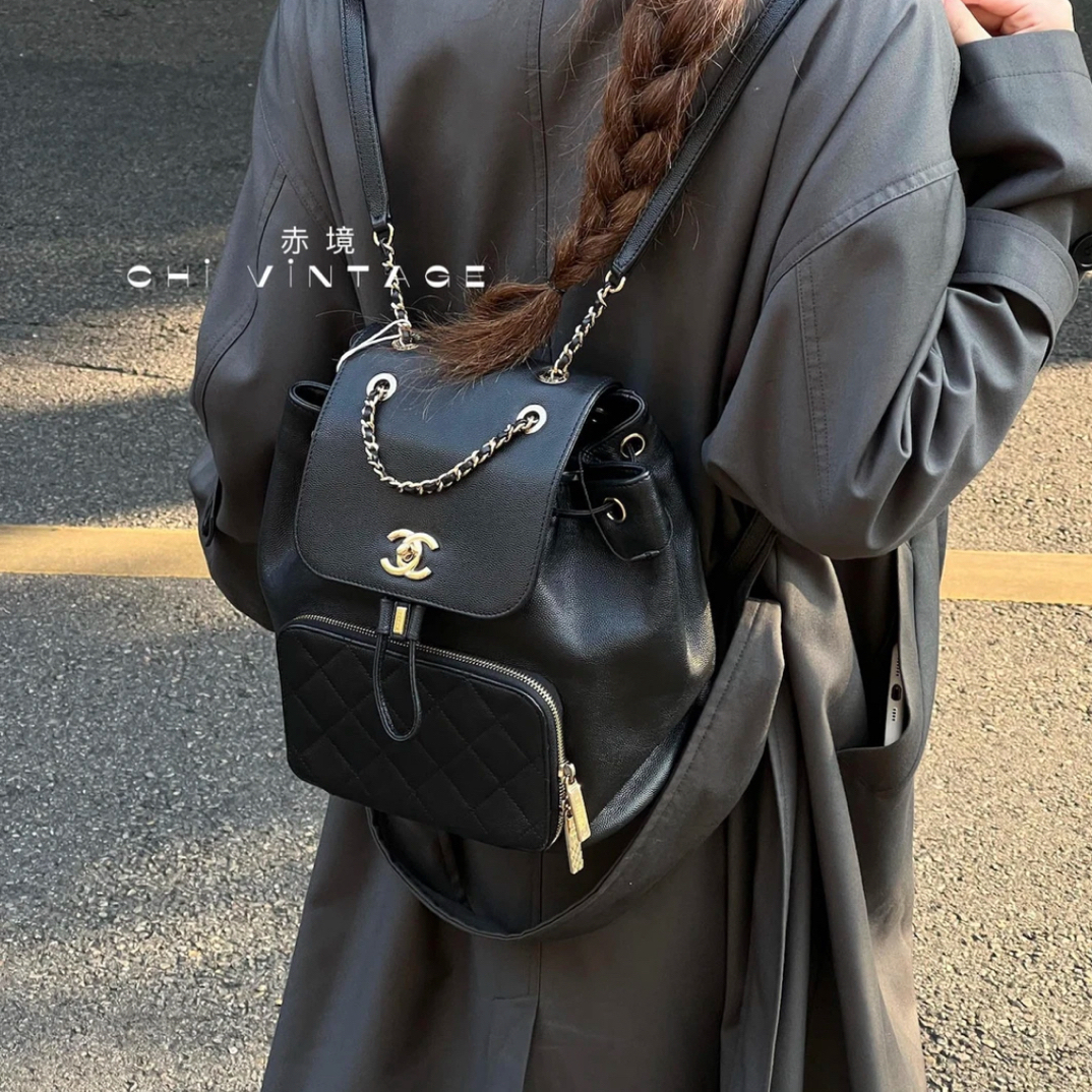 95新 Chanel/香奈儿 7988黑金荔枝纹牛皮affinity双肩包大号18