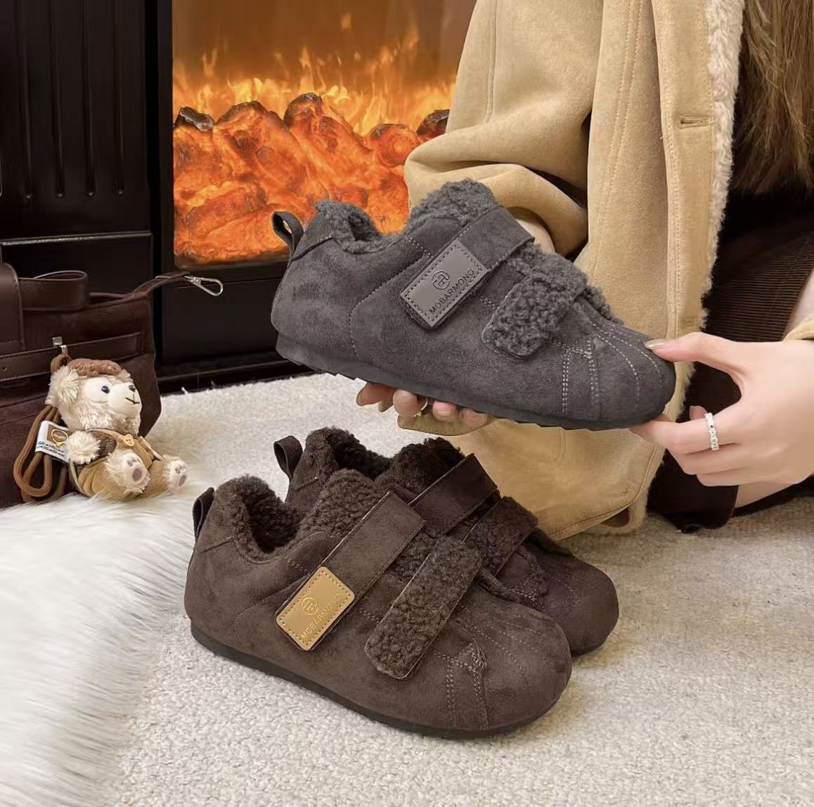 【羊羔绒魔术贴懒人鞋】加厚加绒保暖休闲鞋贝壳头