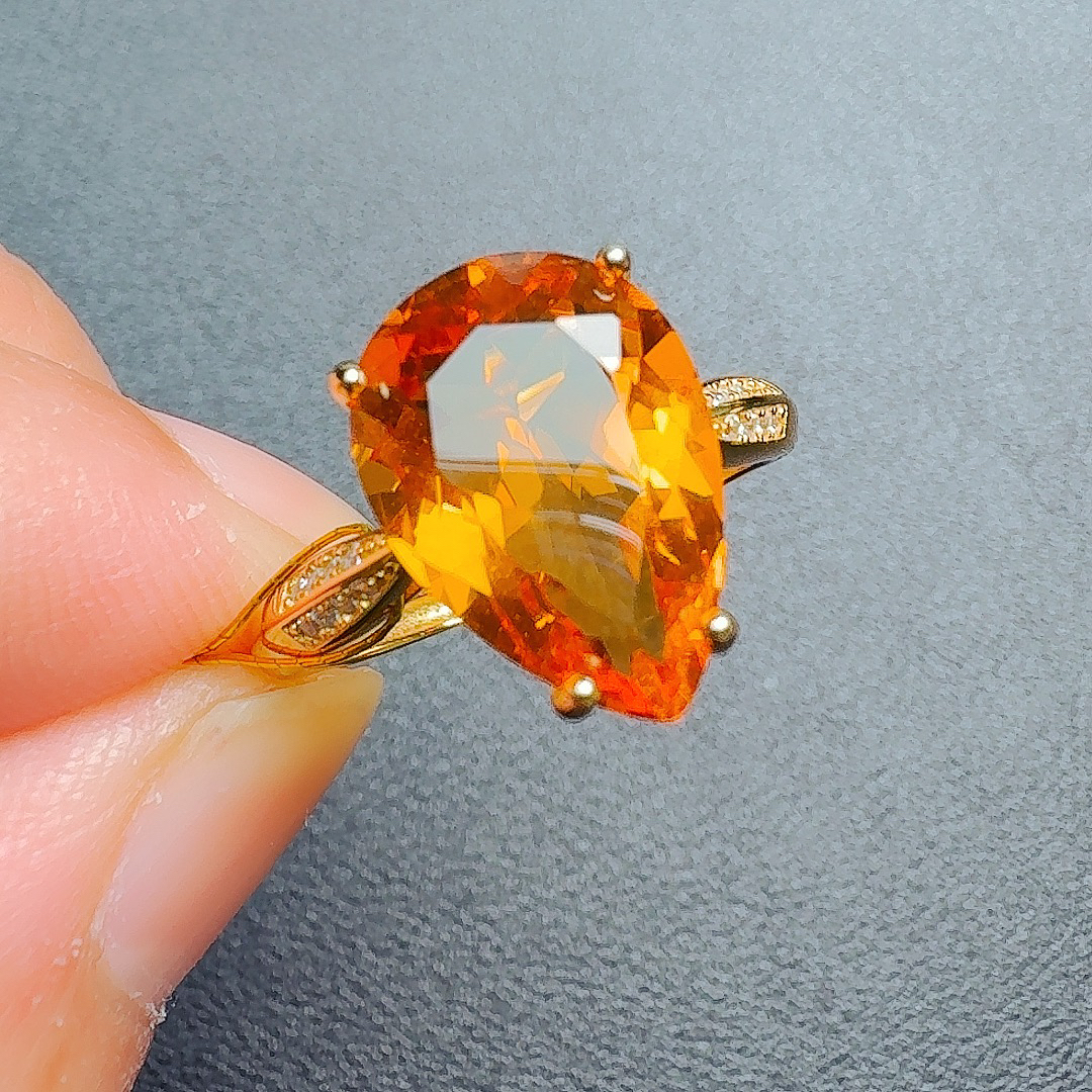 天然S925银芬达色水滴型黄水晶戒指主石10*14尺寸