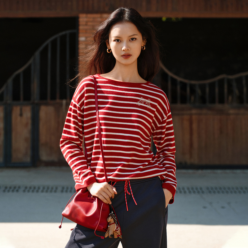 [海湾条纹衫]EP雅莹2026细羊毛新款女装圆领宽松针织套头9578A