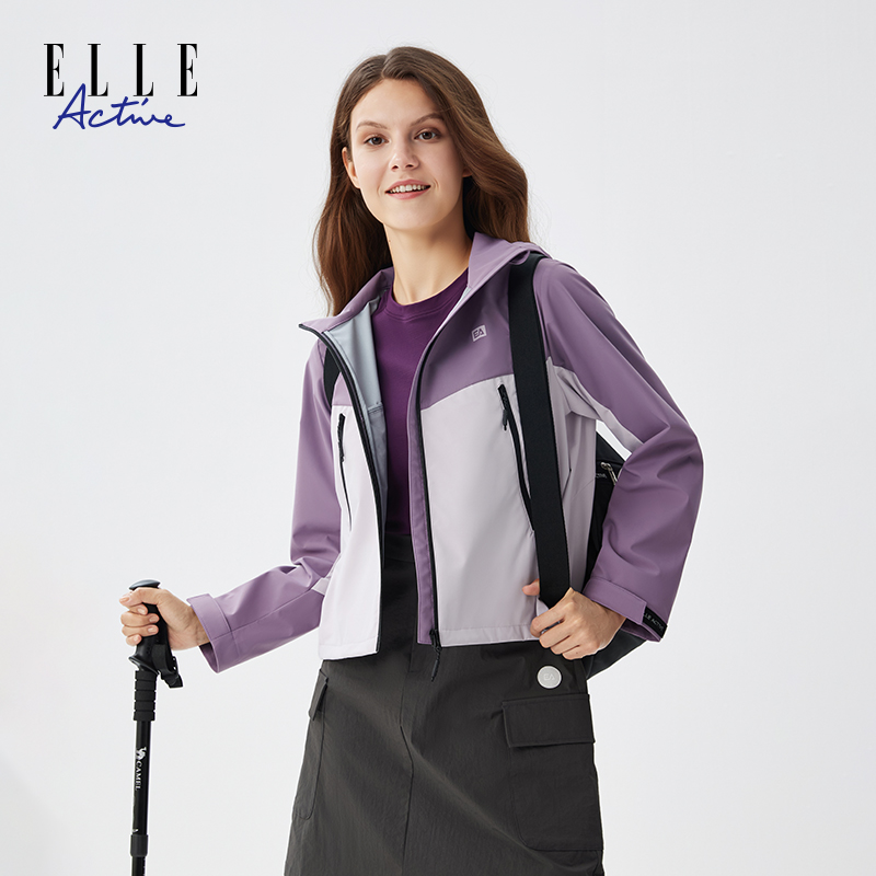 ELLE Active经典撞色短款连帽风衣秋季新款女外套工装风休闲上衣
