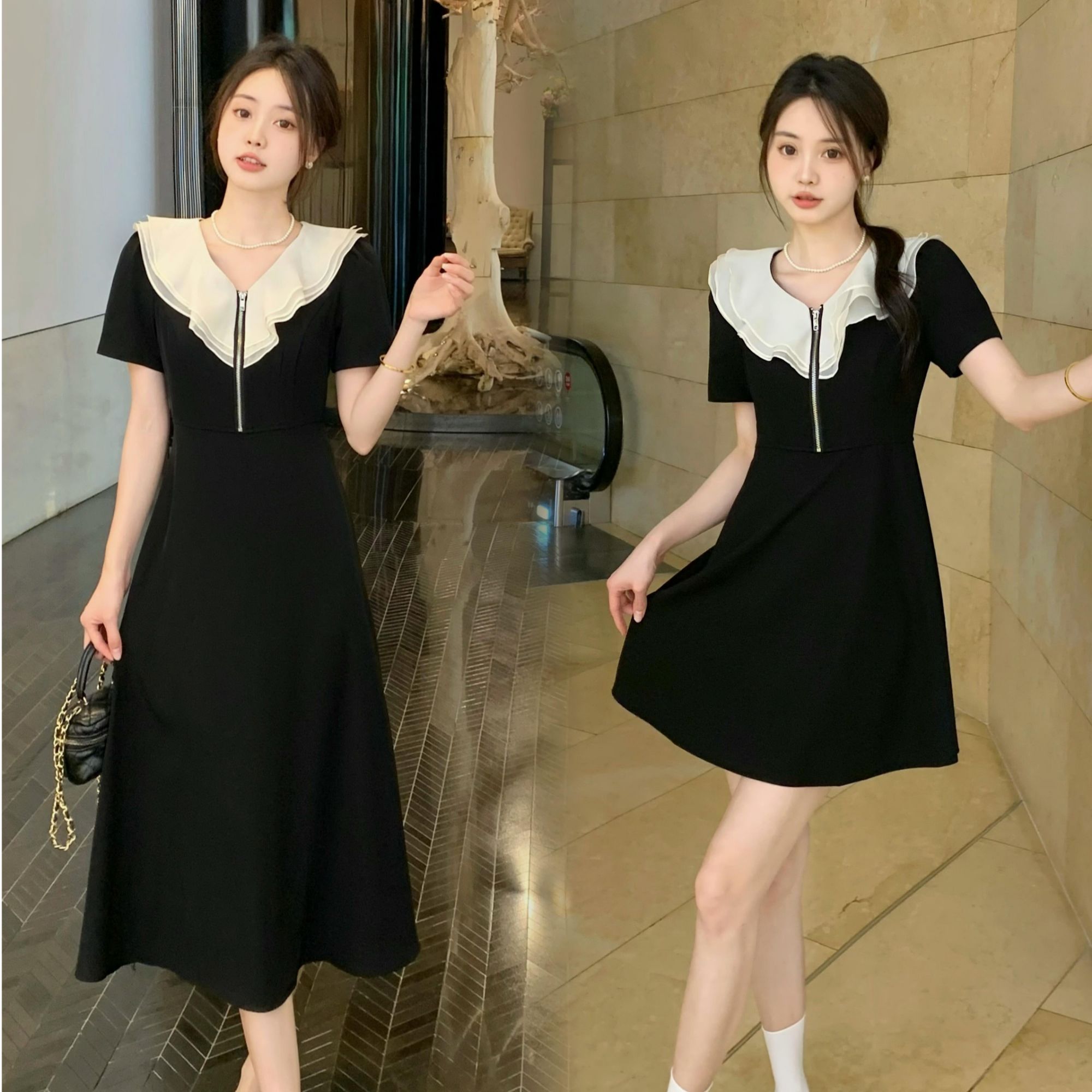 法式荷叶边黑色气质连衣裙女大码胖mm夏小个子收腰显瘦a字裙1563