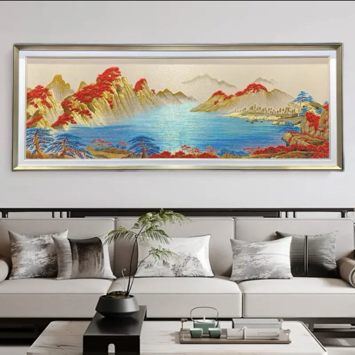 新中式鸿运当头聚宝盆山水风景刺绣挂画客厅沙发背景墙装饰画