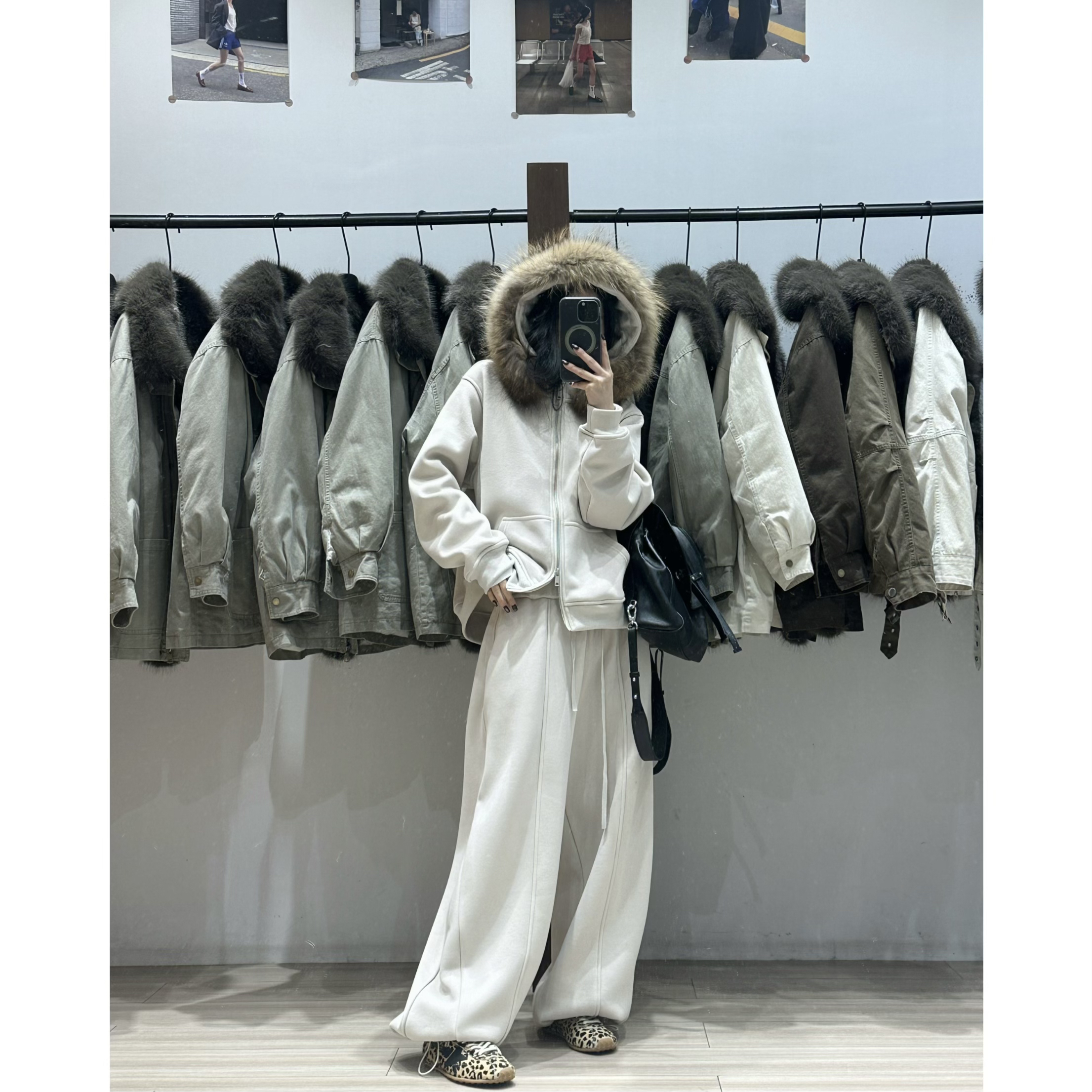 毛领卫衣套装～狐狸毛领（可拆卸）加绒卫衣外套+加绒慵懒阔腿卫裤