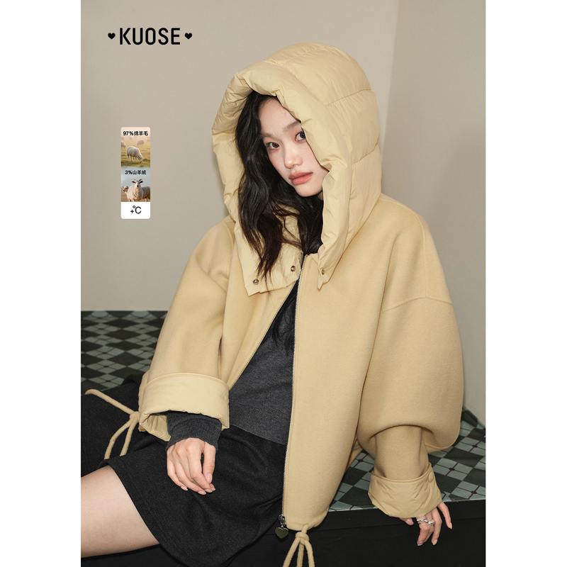 阔色浅黄色连帽抽绳呢子大衣女2025秋冬新款羊毛外套短KSE2510005