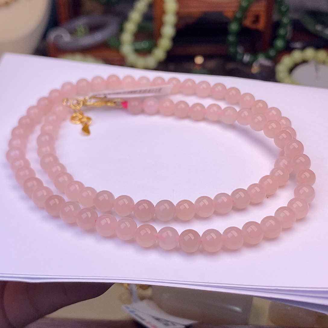 和田玉清货价熟藕粉红粉锁骨链6mm未镶嵌