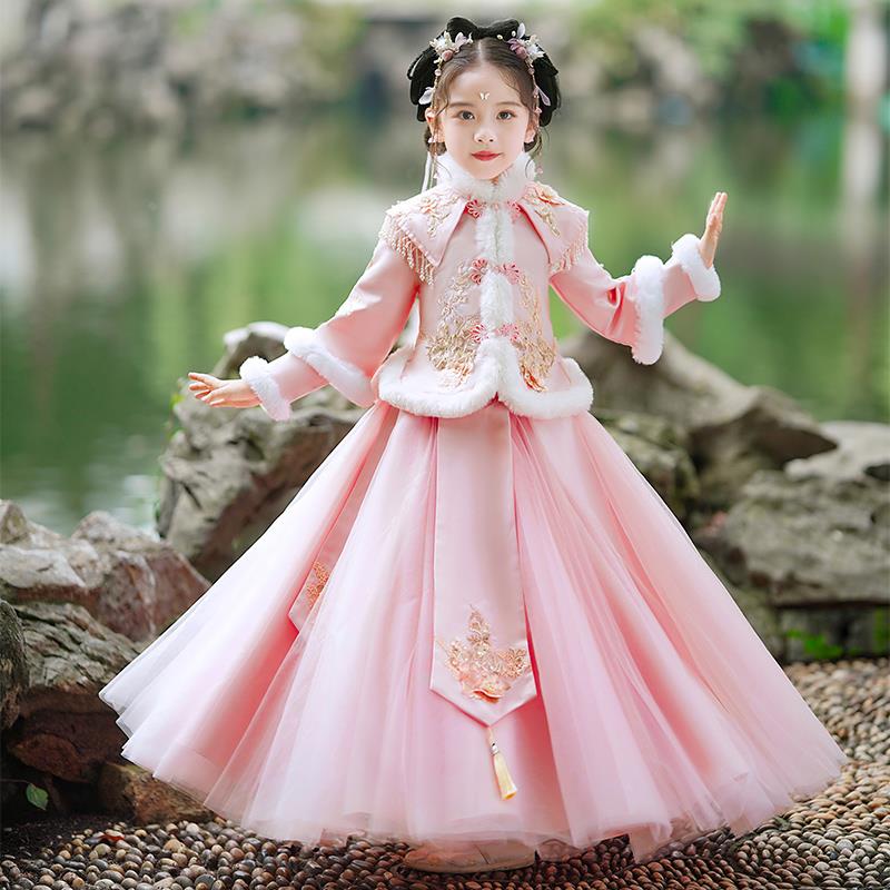 女童汉服冬装2024新款秋冬裙子公主裙儿童加绒冬季女孩连衣裙冬款