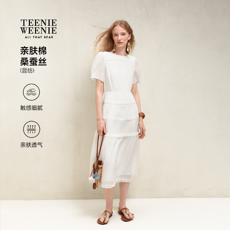 【桑蚕丝】TeenieWeenie小熊女装26夏新蕾丝短袖连衣裙TTOW2625CBA