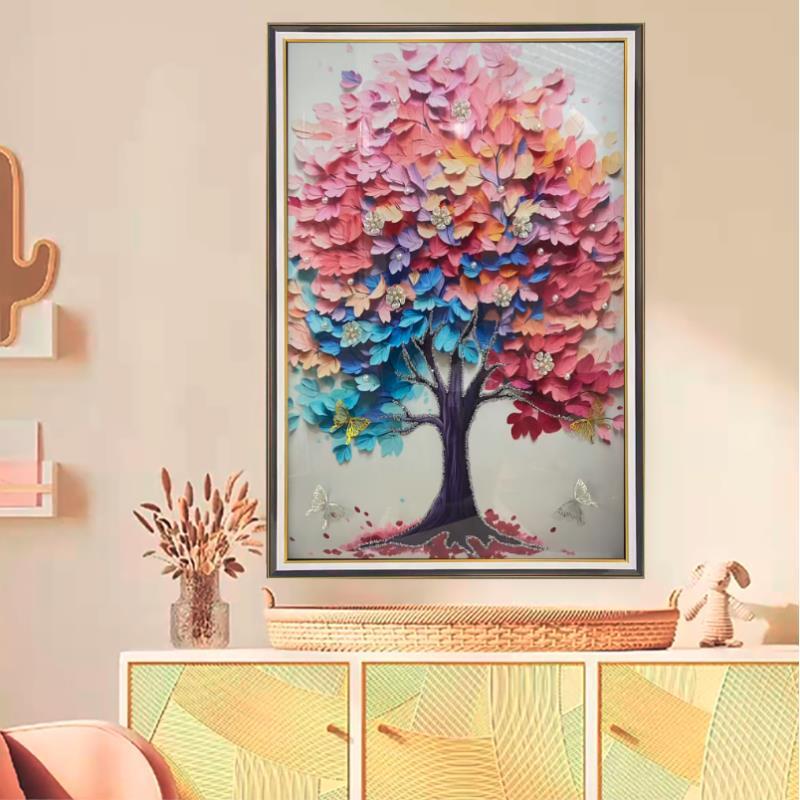 X21五彩发财树餐厅装饰画沙发背景墙挂画玄关过道餐厅现代玻璃画