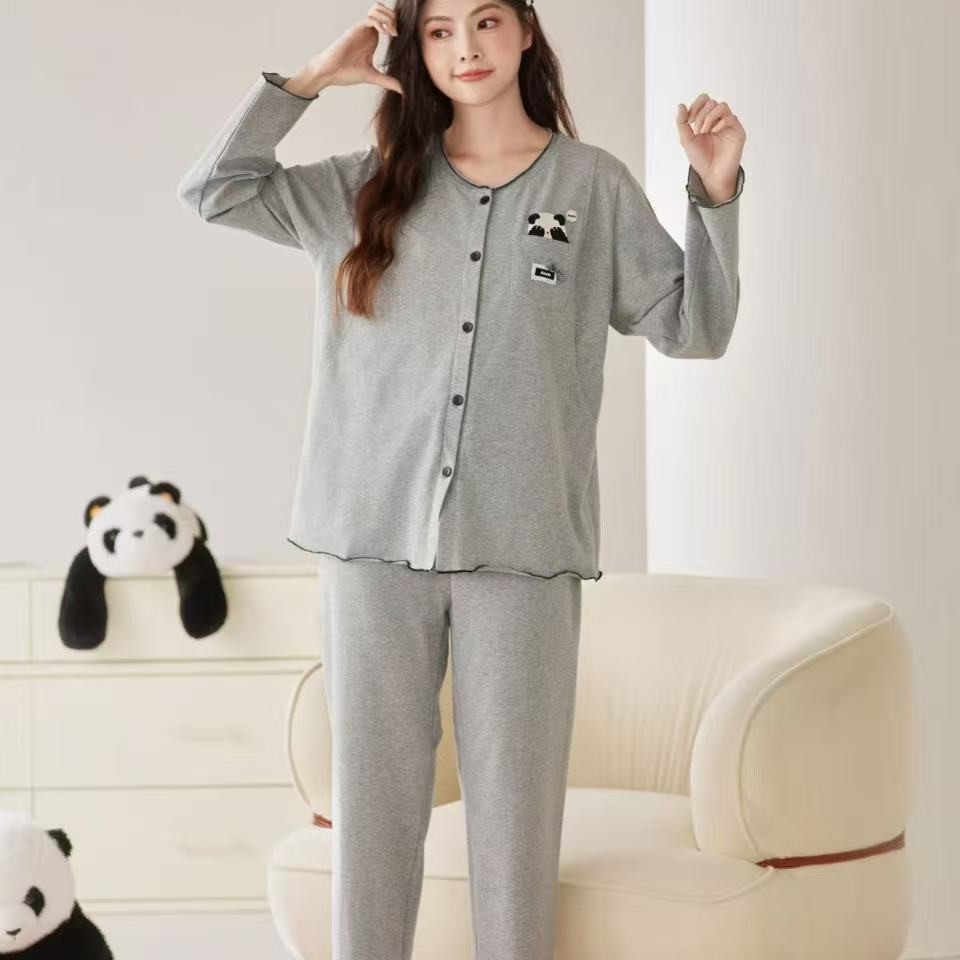 春秋长袖针织纯棉女士薄款孕妇哺乳吸汗舒适月子服带胸垫家居服