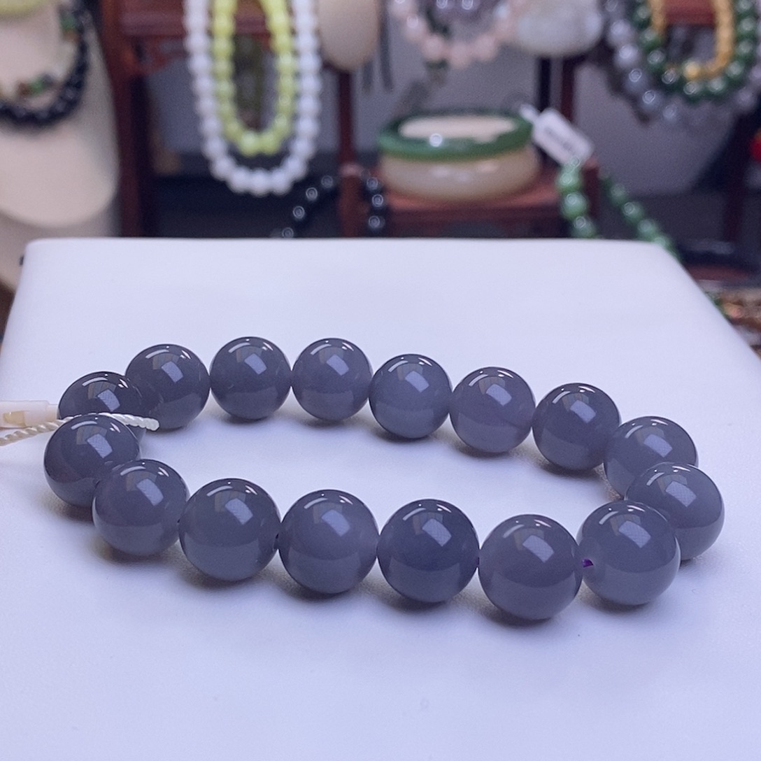 和田玉收藏级烟紫老矿料高冰浓紫圆珠手串12m未镶嵌